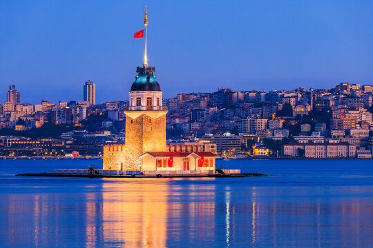 Istanbul, Turkey. The Maiden's Tower (Kız Kulesi), also known as Leander's Tower a historic tower on a small islet in the Bosphorus strait.
