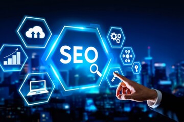 Unrecognizable Businessman Pressing Word Seo Button On Invisible Digital Screen On Blue Background. Seo-Optimization Services For Web Content And Online Business.