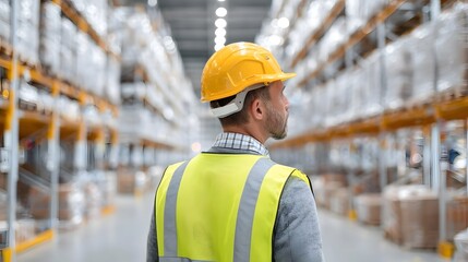 A male supervisor in a yellow hard hat and reflective vest conducts an inspection within a large industrial warehouse observing organized inventory on high rise storage racks