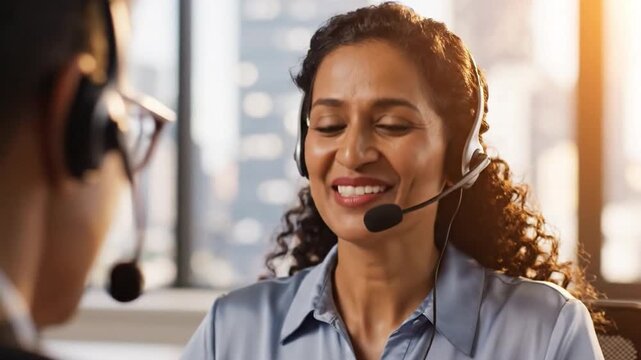 Smiling Customer Service:  A professional telemarketer with a pleasant expression wearing a headset, in an office environment, demonstrating outstanding customer support.