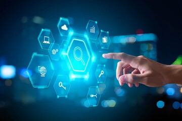 Unrecognizable Businessman Pressing Word Seo Button On Invisible Digital Screen On Blue Background. Seo-Optimization Services For Web Content And Online Business.