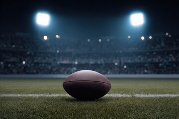 Nighttime football game with stadium lights and focused ball on field