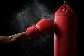 Powerful punch: close-up of red boxing glove hitting heavy bag