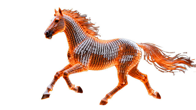 A digitally rendered horse in mid-gallop its body composed of binary code and glowing with an orange hue against a stark white background.