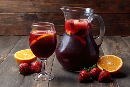 Refreshing red sangria with fresh oranges and strawberries on rustic wooden table - Powered by Adobe