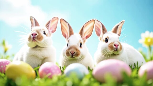 Cute Easter bunnies with eggs on a green meadow with grass and flowers sunny spring clear day. Greeting card with spring holiday