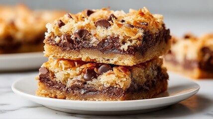 Delicious Chocolate Chip Cookie Bars Stacked on a White Plate, Ready to Eat