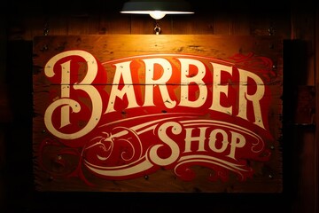 Vintage barbershop poster with BARBER SHOP text on wooden wall.