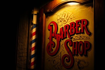 Vintage barbershop poster with BARBER SHOP text on wooden wall.