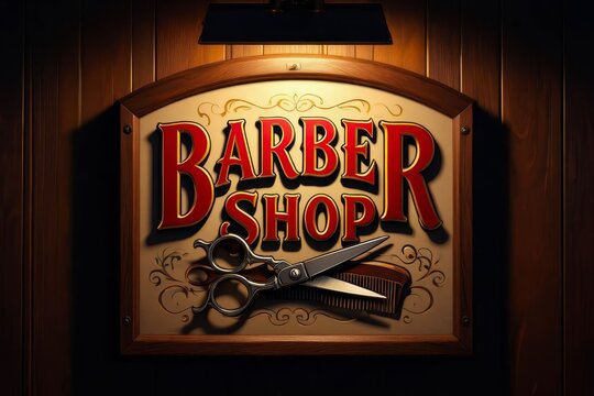 Vintage barbershop poster with BARBER SHOP text on wooden wall.
