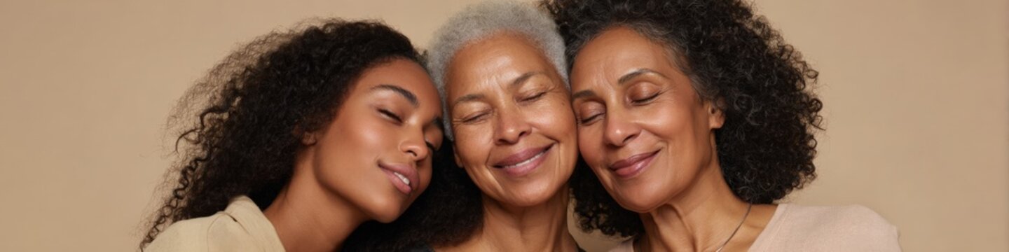 Three african females of different ages embracing with eyes closed, smiling gently