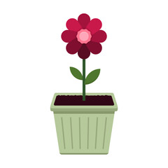 Potted red flower illustration isolated on white. Cute flat vector blossom in light green pot for gardening blogs, floral shop branding, spring themed web designs, and decorative lifestyle icons