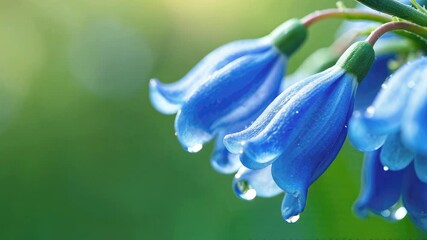 Blue bell flowers with sparkling dew drops, spring flowers on blurred green background. Beauty spring and serenity