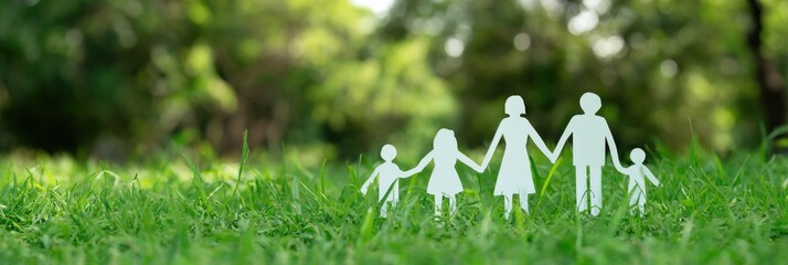 Paper cutout family on grass background representing unity and togetherness