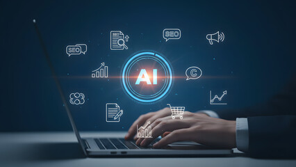 Business professional working with artificial intelligence tools on laptop