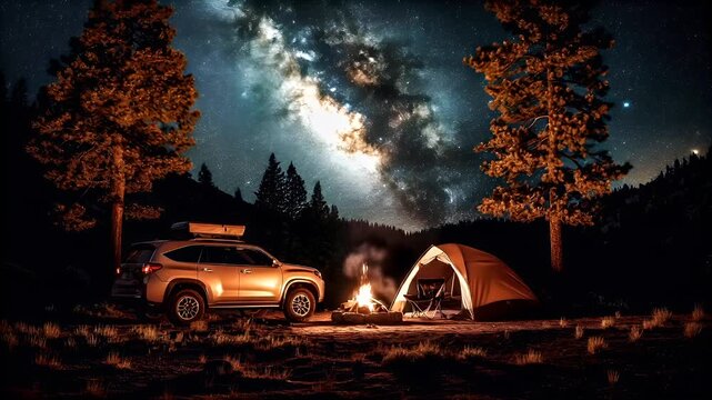 A nighttime scene featuring a vehicle with a roof rack, parked in a wooded area under a starry sky. The vehicle is a silver SUV with black accents.