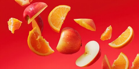 Vibrant slice of apples and oranges floating against a red background