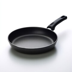 Nonstick black frying pan with handle on white background