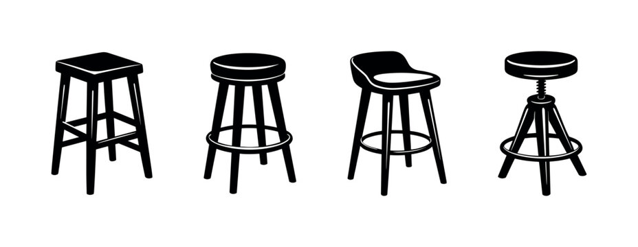 Bar stool vector icons set: flat black minimalist furniture designs for cafes