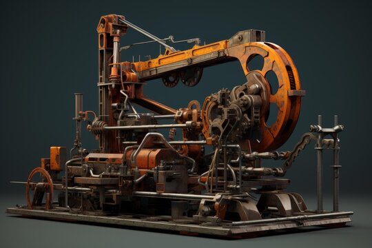 Industrial steam engine mechanism with gears, pistons, pipes, and levers representing vintage technology on a dark background