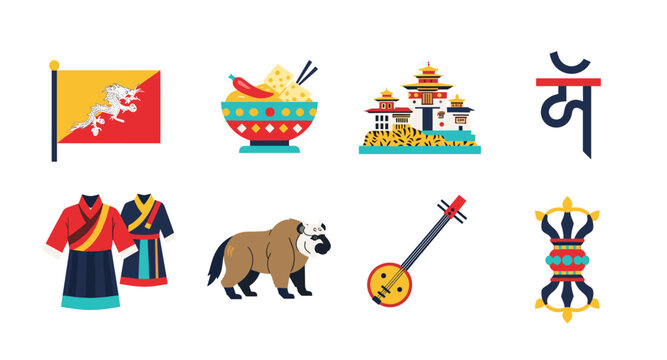 Bhutanese cultural icons including flag, traditional clothing, food, architecture, and symbols