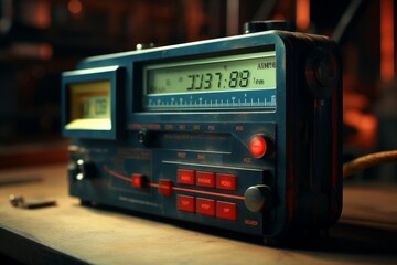 Old technological equipment with digital readout standing on a workshop table
