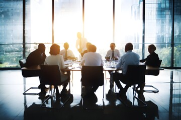 Obraz premium Council members collaborate around a sleek table in a professional, policy-focused studio setting.