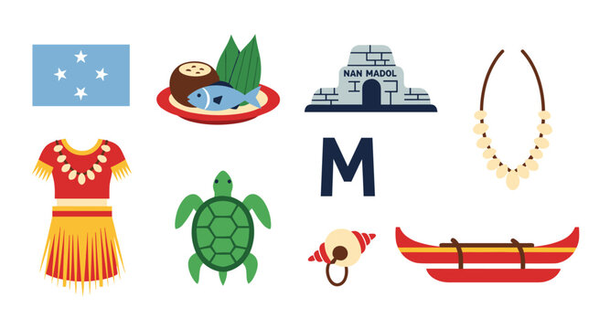 Micronesia cultural icons and symbols collection, travel and heritage