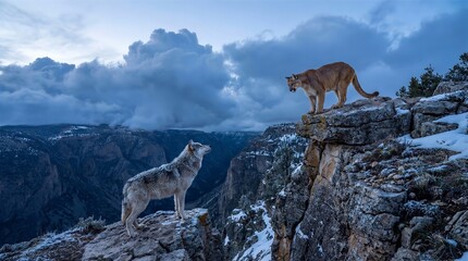 Gray Wolf vs Mountain Lion, Winter Mountains Confrontation