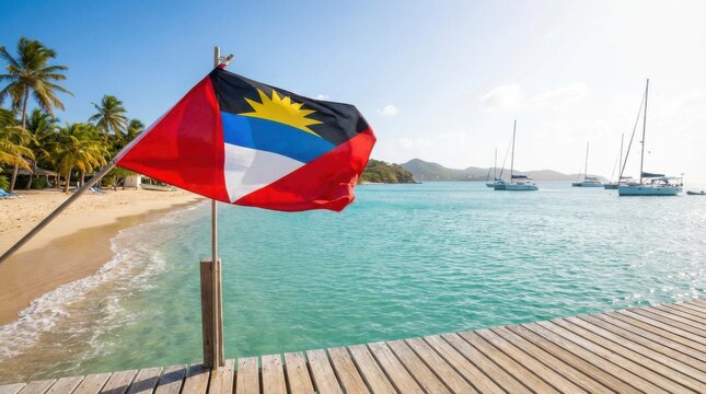 The flag of antigua and barbuda dances gracefully above tranquil sailboats on the pier.