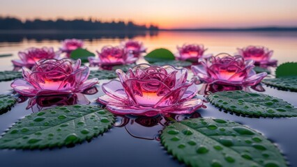 Serene scene of glowing pink lotus flowers floating gracefully on a tranquil lake during sunset