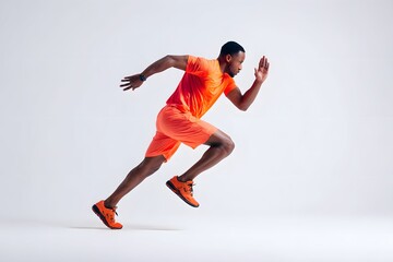 Obraz premium Energetic male athlete jogs in sleek, luminous studio, demonstrating dynamic fitness.