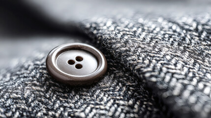 Macro shot of gray wool suit fabric and a button, professional business texture detail
