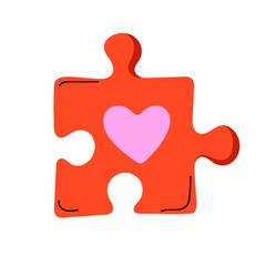 Cute illustration of a red puzzle piece with a pink heart. Symbol of love, connection, relationships, and Valentine&rsquo;s Day, perfect for romantic designs, concepts, and digital projects. Isolated vector