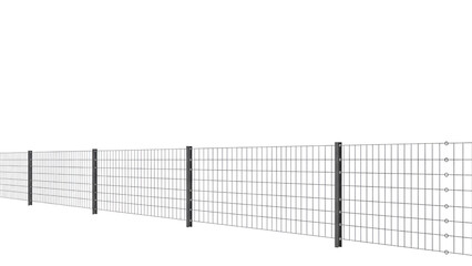 Wire mesh fence with black metal posts against a plain white background perspective view
