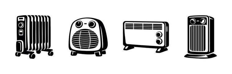 Fototapeta premium Heater vector icons set: electric, radiator, fan, portable heating devices