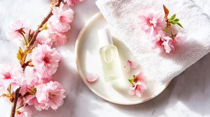 Close-up of a spring beauty product and cherry blossoms on a checkered linen surface　
