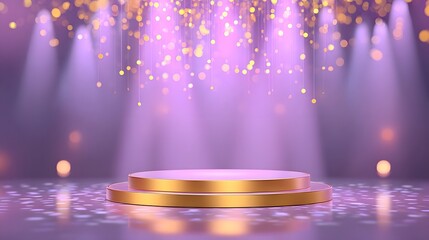 A luxurious and empty stage podium with a golden rim illuminated by soft purple spotlights and adorned with shimmering falling golden glitter ideal for event backdrops