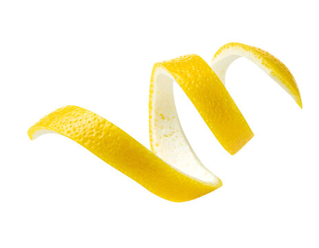 Curled lemon peel ribbon twist with bright yellow citrus rind and white pith, garnish for cocktails and desserts on isolated background
