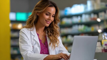 A pharmacy professional actively engaged in work on a laptop, showcasing a welcoming environment filled with various medical products and the importance of digital technology in healthcare services.