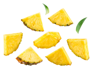 Floating pineapple slices and chunks with tropical leaf accents, fresh juicy fruit pieces on isolated background