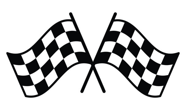 Waving checkered racing flags crossed, dynamic motorsport finish line symbol for race competitions, speed themed posters and event branding