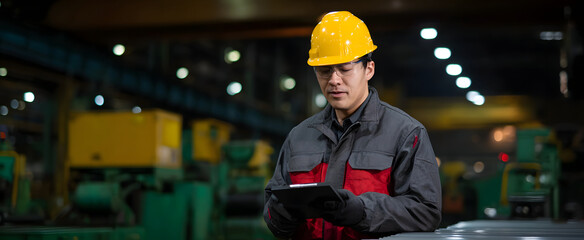 Technician examining rugged steel panels within a vast noisy heavy industrial machinery environment
