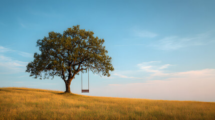 Solitary Tree with Swing: A lone tree stands proudly on a grassy hill, a simple swing hanging invitingly from its branches against a clear blue sky. It evokes a feeling of calm and solitude.