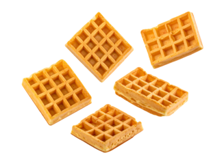 Crispy golden waffle squares scattered with classic grid texture, breakfast pastry pieces cutout on isolated background