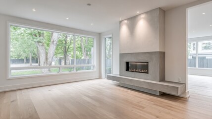Fototapeta premium Modern Living Room Interior with Fireplace and Large Window Overlooking Greenery