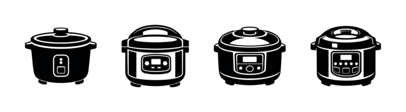 Electric rice cookers vector icons set. kitchen appliance symbols collection. cooking, cookware