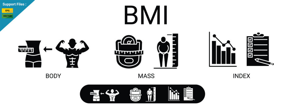 BMI - Body mass index fot health life, obesity and overweight vector illustration with icons and keywords, icon glyph