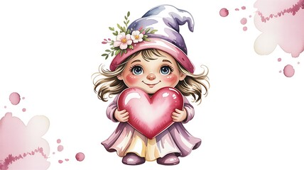 Fototapeta premium Cute Watercolor Girl Illustration Holding Heart Valentine Art
