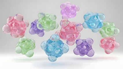 Colorful translucent abstract spheres with internal bubbles floating on a light background.